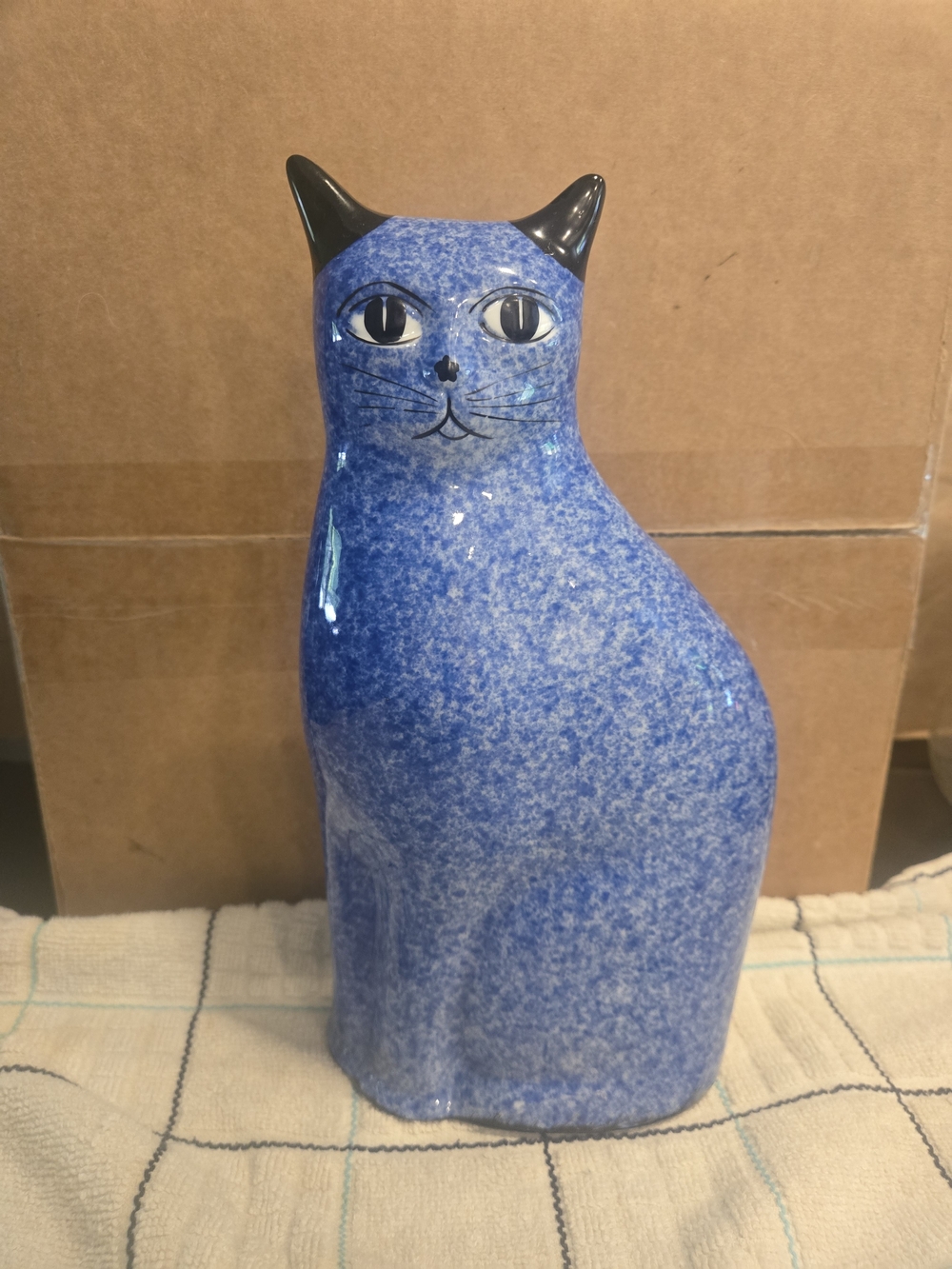 Vintage 10" Blue Spongeware Ceramic Cat Figurine Folk Art Calico China Black Ear